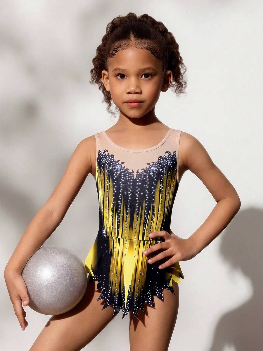 女童无袖印花体操服,舒适亲肤,贴身设计防止走光,适合艺术体操、学校舞蹈比赛等场合,四季皆宜。 - 彩色 - 查看 1