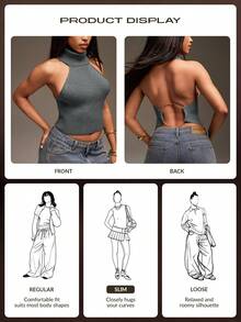 Denimoi High Neck Sleeveless O-Ring Sweater Halter Top, Sweater Top, Backless Top, Turtle Neck Sweater - Grey - View 7