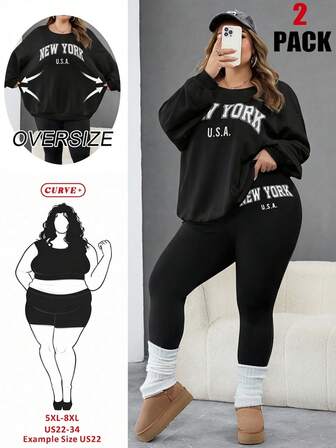 SHEIN CURVE+ Plusstorlek Dam Casual Enkel Lös Rund Halsad Sweatshirt Tajta Leggings Långbyxor Tvådelat Set För Höst Och Vinter