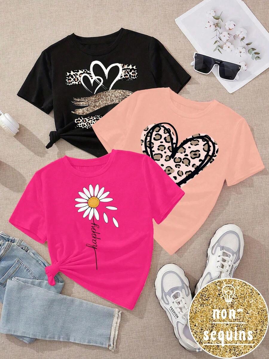 SHEIN 3pcs/Set Young Girls Casual Comfortable Stylish Heart & Flower Pattern Short Sleeve T-Shirt - Multicolor - View 1