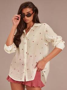 Athîral Áo sơ mi nữ dài tay cổ bẻ màu be in họa tiết quả anh đào, ngọt ngào, dễ thương, đa năng, phù hợp cho cả công sở và hẹn hò, được làm từ vải dệt mềm mại, hơi xuyên thấu, dáng rộng thoải mái, thích hợp cho kỳ nghỉ, áo sơ mi thanh lịch dành cho phái nữ, quà sinh nhật, mùa xuân, ngày Valentine. - Nhiều màu - Xem 6