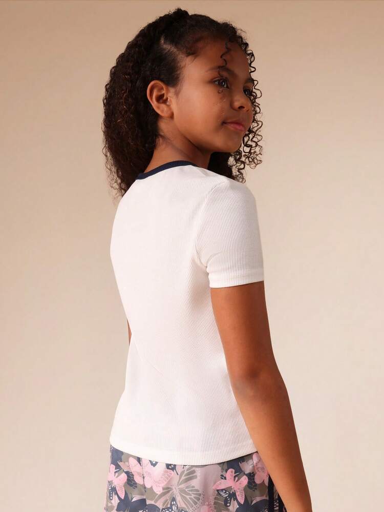 Ribbed Graphic Ringer Tee With Contrast Trim