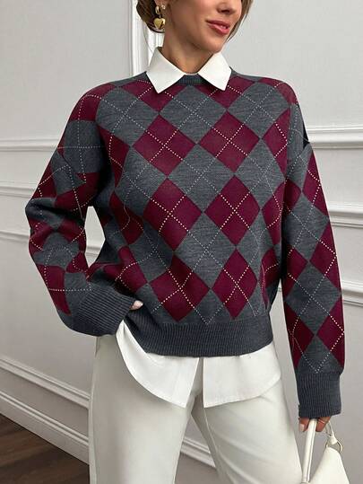 EURMUSE Dam Special Stickad Diamantmönster Stickad Tröja Oversize