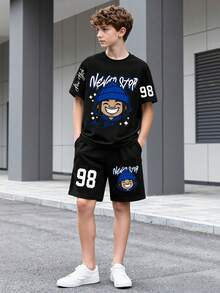 Coolqubz 2 pièces/Set Mode de rue décontractée Ados Garçons Imprimé Lettre et Portrait T-shirt à manches courtes et Short Set, Été - Multicolore - Voir 3