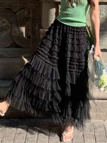 DAZY 女士优雅弹力腰带多层网纱裙 春季 - 黑色 - 查看 7