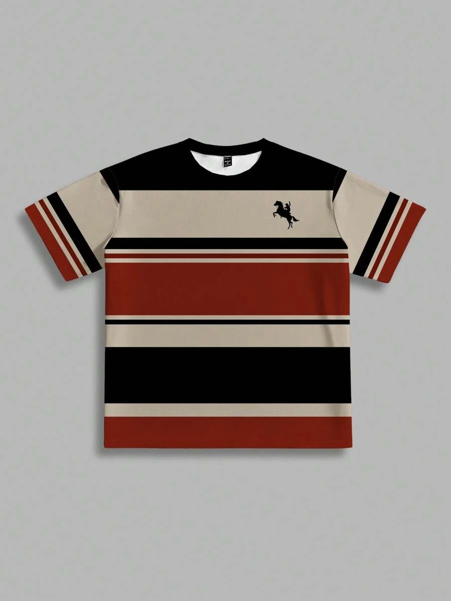 Manfinity Homme 男士成熟休闲小图案撞色条纹印花圆领短袖T恤 - 彩色 - 查看 1