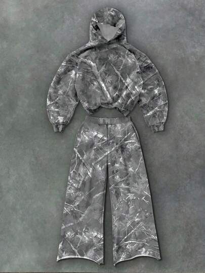 Glimmora Street Style Withered Leaf Print Hooded Long Sleeve Top And Pants Set, Autumn/Winter