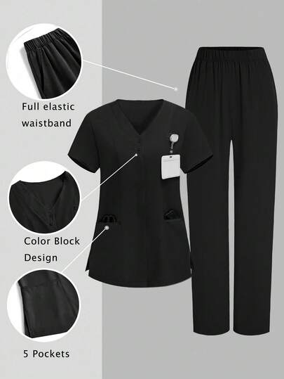 TaskEZ 2 piezas Conjunto de uniforme informal con top de cuello en V de manga corta y pantalones, Conjunto de uniforme de servicio de limpieza