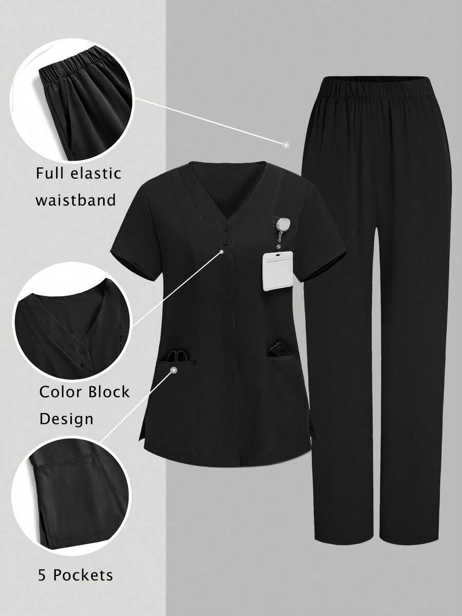 TaskEZ 2pcs Casual V-Neck Short Sleeve Top And Pants Uniform Set, Cleaning Service Uniform Set - Black - View 1