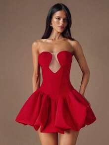SHEIN BAE 女士撞色网纱荷叶边性感无肩带连衣裙 - 紅色 - 查看 6