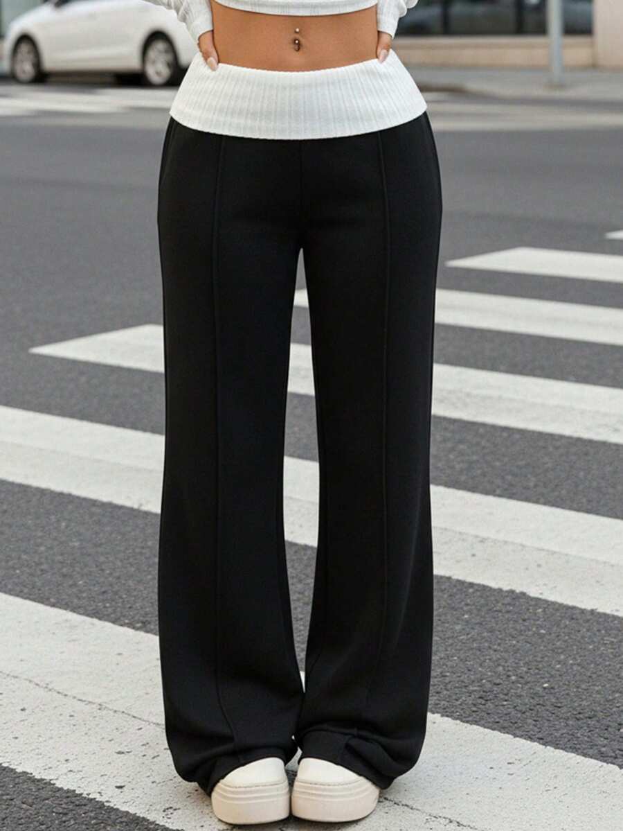 Teen Girl Street Style Casual Back To School Retro Daily Y2K Ribbed Knit White Cuffed & French Black Flare Pants - Black and White - View 1