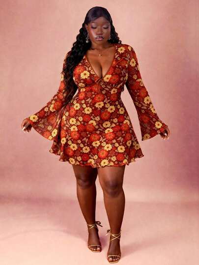 CurvyTilda Vestido de manga larga con estampado floral, encaje y malla para mujer de talla grande, otoño/invierno