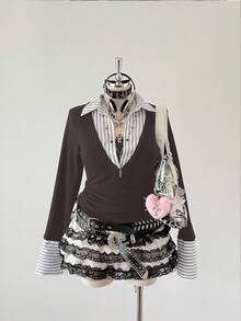 Sunspun Plus Size Patchwork 2 In 1 Casual T-Shirt, Autumn/Winter Feminine Whimsical Fashion Tea Party Women European Style Feminine Whimsical Fashion Tea Party Women European Style