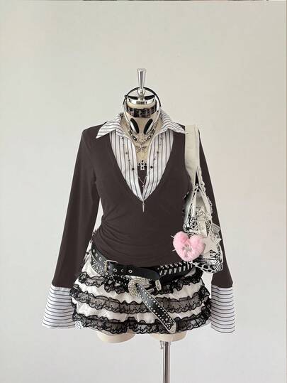 Sunspun Plus Size Patchwork 2 In 1 Casual T-Shirt, Autumn/Winter Feminine Whimsical Fashion Tea Party Women European Style Feminine Whimsical Fashion Tea Party Women European Style