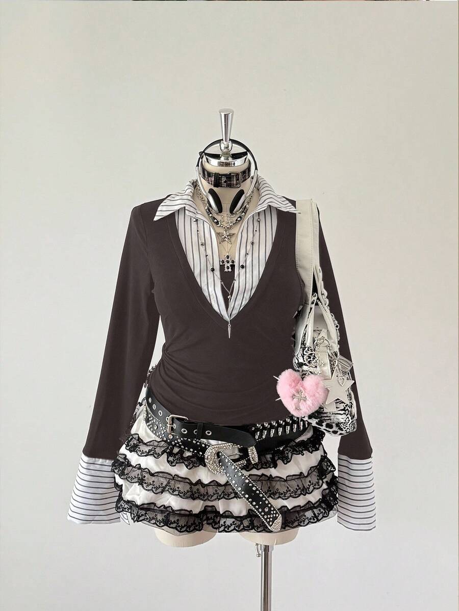 Sunspun Plus Size Patchwork 2 In 1 Casual T-Shirt, Autumn/Winter Feminine Whimsical Fashion Tea Party Women European Style Feminine Whimsical Fashion Tea Party Women European Style