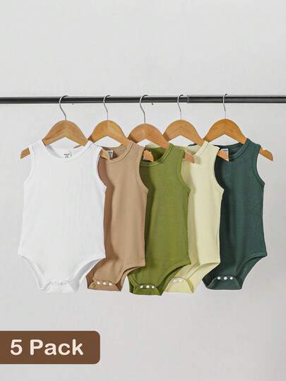 SHEIN Playful Pals 5pcs/Set Newborn Baby Boys' Cute Warm-Tone Rompers, Suitable For Outings, Vacations, Holidays, Spring/Summer