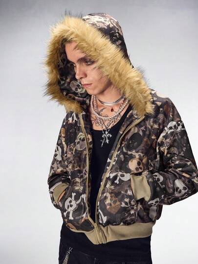 Sudadera con capucha casual con estampado de calavera con pelaje para hombre en otoño/invierno