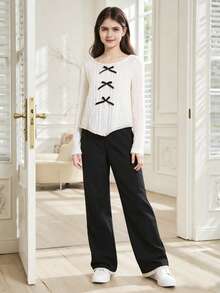 2pcs/Set Girls Ruffle Trim V-Neck Long Sleeve Top And Straight Leg Floral Trim Denim Pants Casual Outfit - Multicolor - View 1