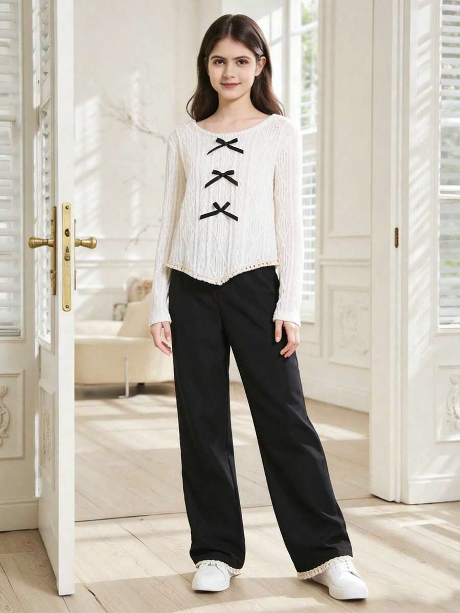 2pcs/Set Girls Ruffle Trim V-Neck Long Sleeve Top And Straight Leg Floral Trim Denim Pants Casual Outfit - Multicolor - View 1