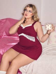 SHEIN Áo ngủ ren hai dây phối màu mềm mại, thoải mái, cỡ lớn, ôm sát, màu đỏ rượu vang. - Màu Đỏ Sâu - Xem 3