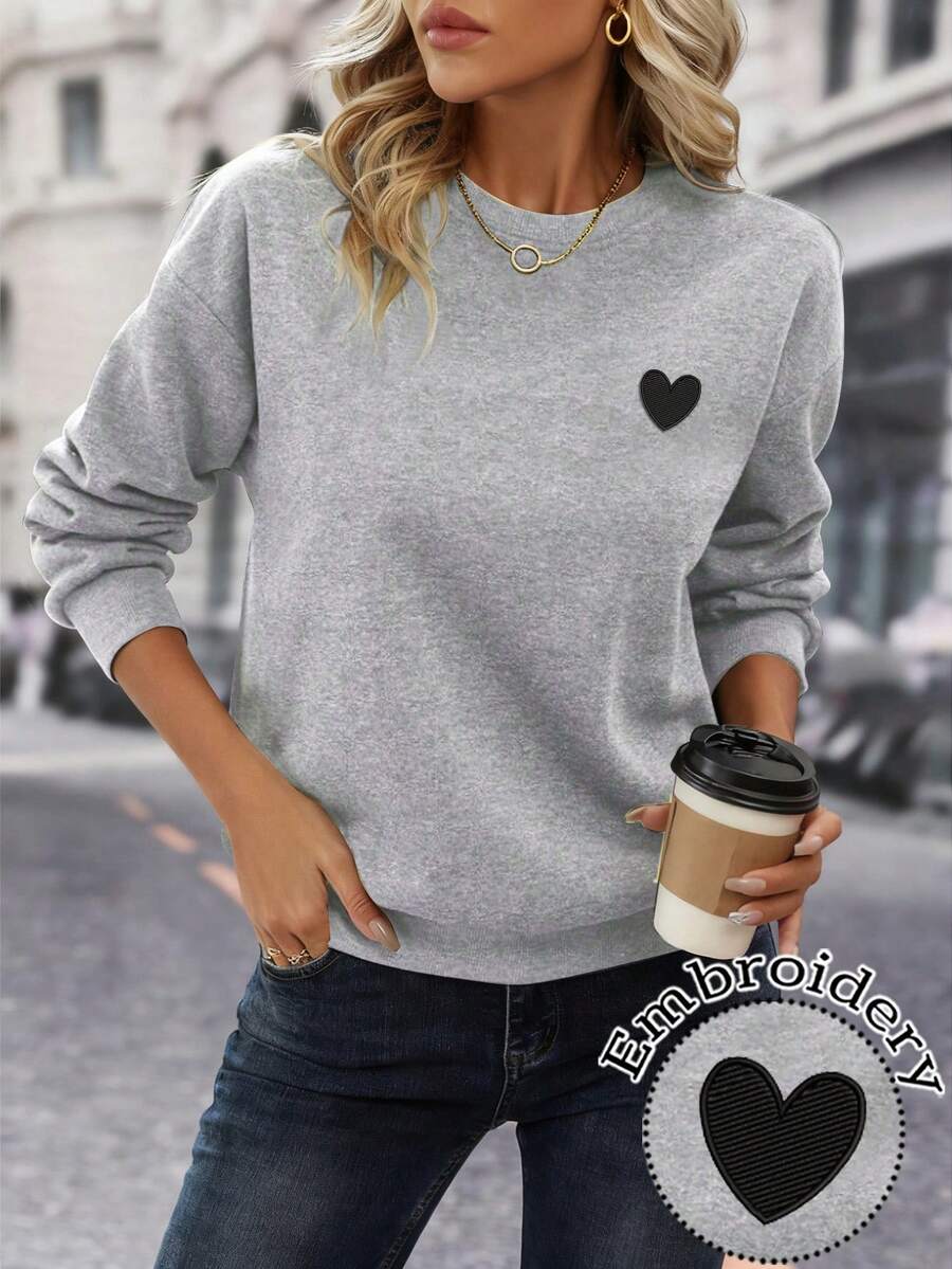 EMERY ROSE 女士休闲日常通勤简约百搭心形刺绣落肩宽松圆领卫衣 - 淺灰色 - 查看 1