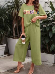 SHEIN LUNE Women's Bohemian Style Pattern Patchwork Short Sleeve 2 Pieces Set - Mint Green - View 5