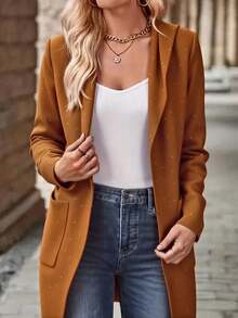 Vestido de sudadera de pantalón largo para mujeres - sombrero, solapa, bolsillo, estilo cómodo y cálido, apilado en otoño e invierno, suéter individual en el exterior - Camel - Ver 2