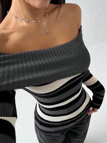 Flirla Women's Striped Off-Shoulder Long Sleeve Fashionable Sweater - Dark Grey - View 5