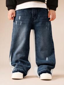 SUMWON Blugi denim pentru băieți, cu croială relaxată, stil Distressed, cu detalii rupte și accente de dungi laterale, pentru ținute casual de zi cu zi - Spălare medie - Vizualizare 4