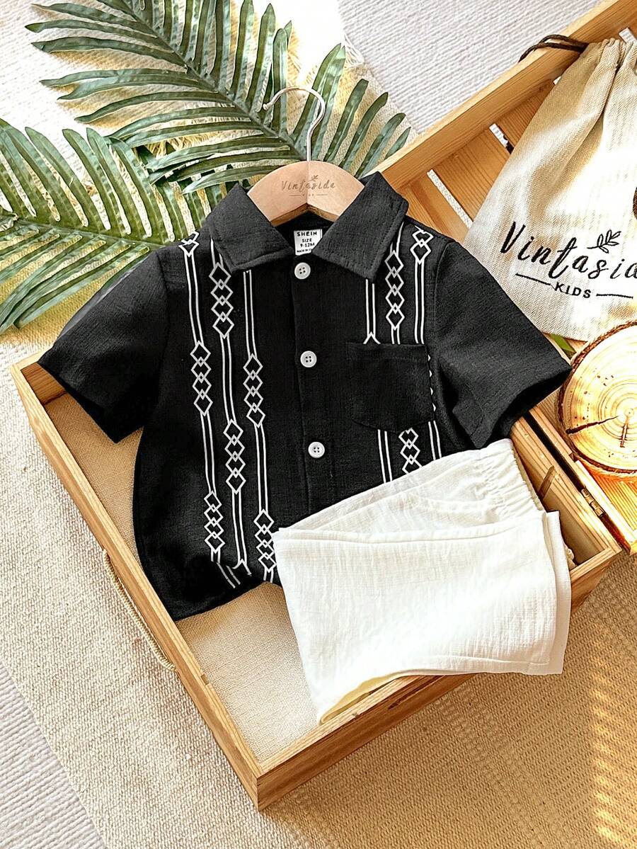 Vintaside Kids Tricou casual versatil cu mânecă scurtă și guler pentru bebeluși băieți, asortat cu pantaloni casual simpli, potrivit pentru ținute zilnice în aer liber și cumpărături, primăvară/vară