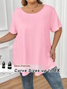 SHEIN CURVE+ Áo thun tay ngắn màu trơn cỡ lớn, thường ngày, mùa hè - Hồng - Xem 9