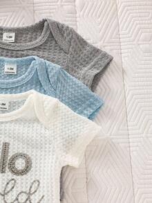 SHEIN Newborn Baby Girl Summer Cartoon Print Letter Pattern Short Sleeve Bodysuit White Apricot Brown Three-Piece Set Home Gifting Simple Neutral Baby Clothes Baby Boy Bodysuit Set Unisex Baby Clothes Newborn Baby Summer Clothes Baby Boy Letter Graphic Body Suit Baby Letter Graphic Bodysuit Baby Bodysuit Summer Newborn Unisex Clothes Neutral Baby Clothes Unisex - Baby Blue - View 4