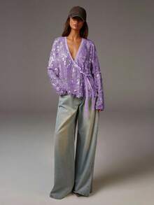 Athîral Women's Purple Sequin Decorated Long Sleeve Shirt - Mauve Purple - View 3