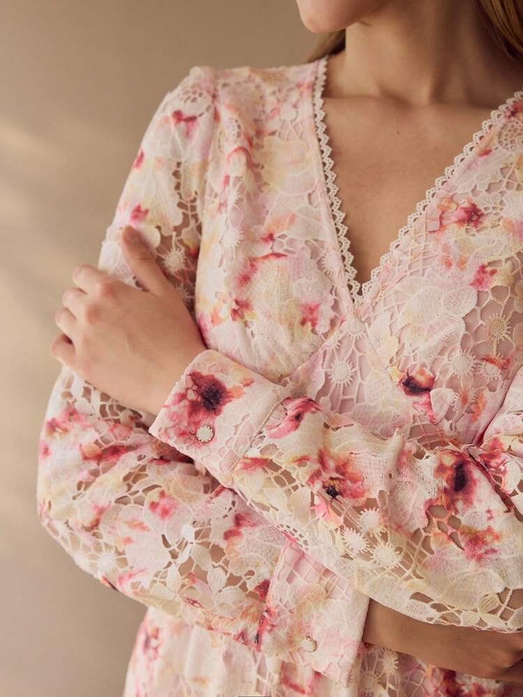 ELEGANT FASHION WAIST CINCHING LACE PATCHWORK V-NECK LONG SLEEVE FLARED HEM GORGEOUS WOMEN DRESS