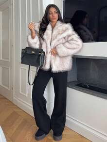 Ronhire Women's Winter Lapel Open Front Fluffy Jacket