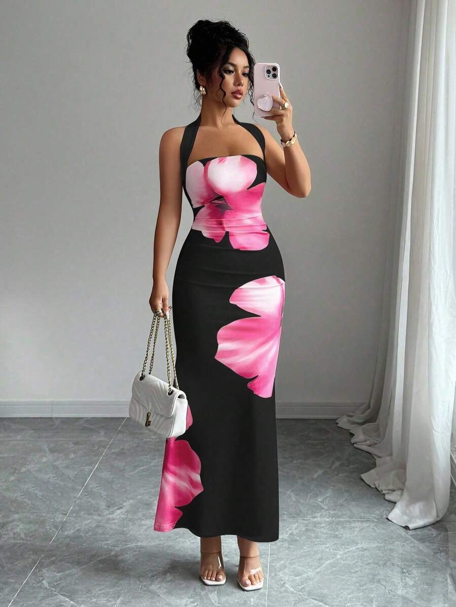 Elenzga petite Đầm nữ dài ngang gối dáng ôm in họa tiết, cổ yếm, thắt eo, kiểu dáng mùa hè 2025. - màu đen - Xem 1