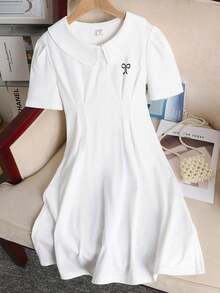 SHEIN Tween Girl Collared Waist Cinched Short Sleeve Midi Dress - White - View 6