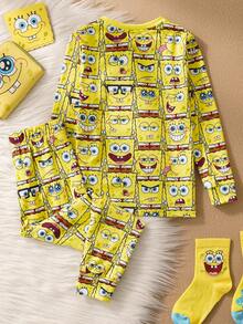 SpongeBob SquarePants | SHEIN Conjunto de pijama de pantalón y top de manga larga con estampado de dibujos animados para niño, otoño/primavera - Amarillo - Ver 2