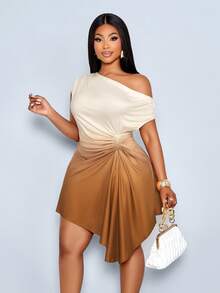 SOLERSUN Plus-Size Elegant Everyday Date Dress With Asymmetrical Gradient Gradient Neckline And Drawstring. - Brown - View 6