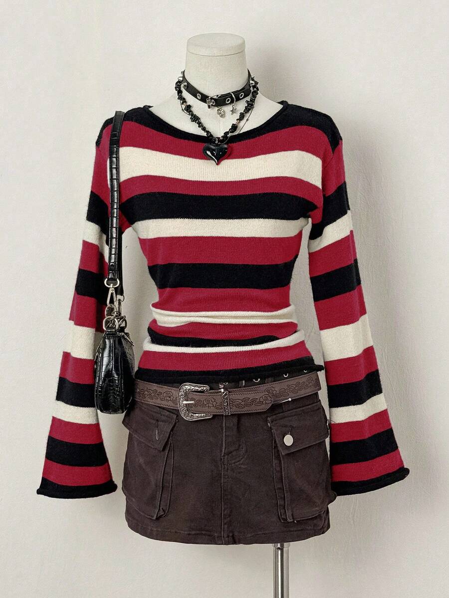 EgrlEra Women's Striped Flare Sleeve Sweater - Red - View 1