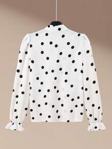 Franclia Áo kiểu dài tay chấm bi dáng cánh bướm thắt nơ phía trước thanh lịch mới dành cho nữ, phong cách tối giản thích hợp cho công sở, mùa thu/đông. - trắng - Xem 3