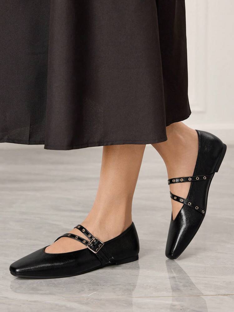 Sleekvia Bailarinas cuadradas de color chocolate con hebilla metálica, cómodas y casuales, zapatos tipo Mary Jane adecuados para vestidos - Negro - Añade 9