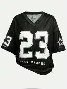 SHEIN Girlism Teen Girls Casual Minimalist Letter & Number Graphic T-Shirt, Suitable For Summer, Sports Games - Black - View 6