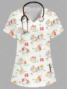 PopScrub 女士卡其色V领短袖双口袋可爱动物/仓鼠图案上衣，生日礼物，花卉卡通印花护士/医生制服上衣，纯色宠物美容工作服上衣，营养师工作服，多口袋功能性工作服，可爱 - 卡其色 - 查看 1