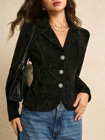 Poéselle Women's Jacket Velvet Pearl-Embellished Blazer Jacket – Black Vintage Slim-Fit Tailored Coat For Women Velvet Blazer Women Pearl Button Jacket Black Fitted Blazer Vintage Blazer Outfit Quiet Luxury Style Statement Button Coat Lapel NeckLong Sleeve Single-Breasted Fitted Elegant Regular Jacket Valentine's Day