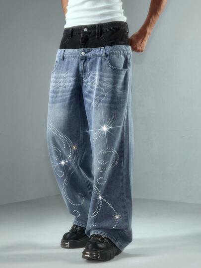 Men's Contrast Color Waistband Streetwear Rhinestone Print Flared Leg Jeans