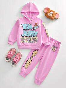 TOM & JERRY X SHEIN 少女休闲日常通勤趣味卡通字母印花连帽衫和运动裤套装，秋/春季 - 粉色 - 查看 1