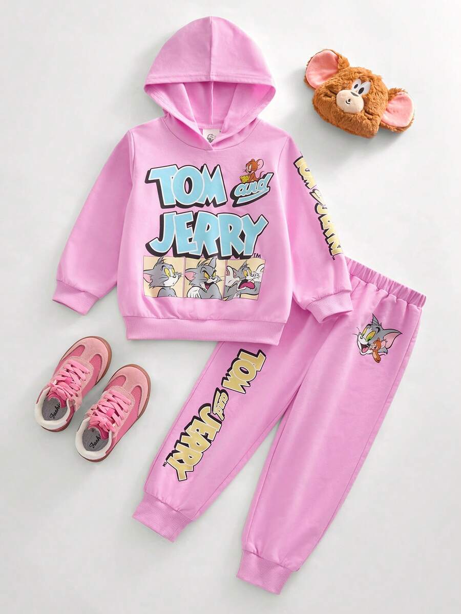 TOM & JERRY X SHEIN 少女休闲日常通勤趣味卡通字母印花连帽衫和运动裤套装，秋/春季 - 粉色 - 查看 1