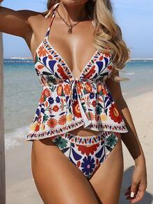 Swim Lushoire Women's Beach Vacation Printed Halter Tankini Set