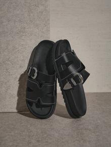 SHUZIA 带扣双带露趾黑色 PU 一脚蹬凉鞋 - 黑色 - 查看 4